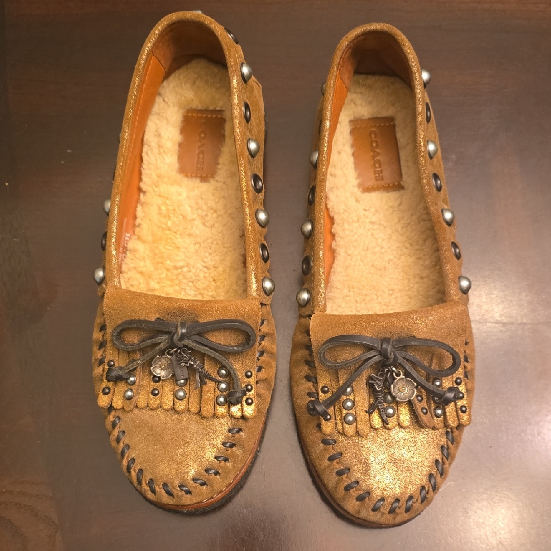 Coach Metallic Gold Loafers With Fringe And Studs